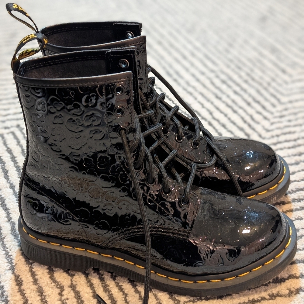 Dr. Martens Black Patent Floral Embossed Lace-Up Ankle Boots